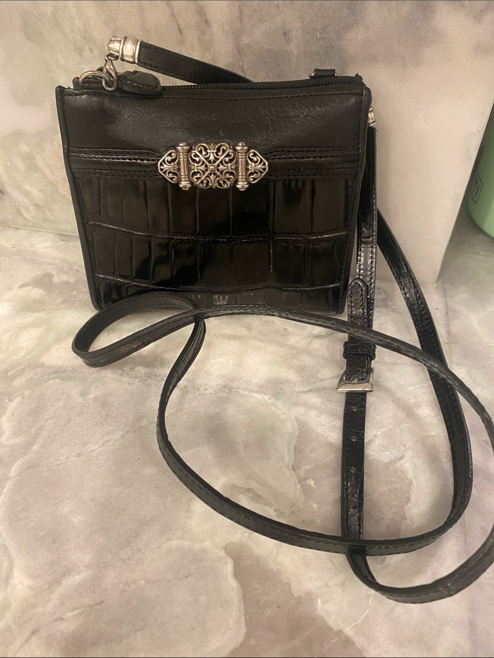 Brighton Black Croc-Embossed Crossbody with Silver Filigree